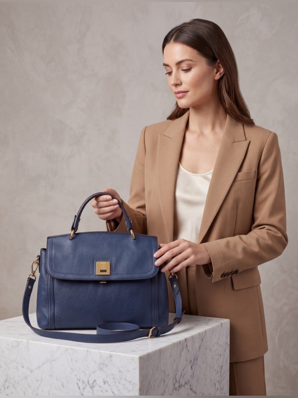 MCM Munchen Navy Pebbled Leather Large Satchel  Top Handle Crossbody bag